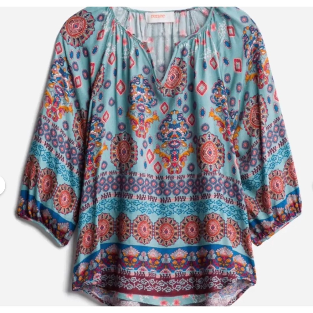Stitch Fix RENEE C  Blue Mati Billow Sleeve Paisley Boho Blouse Women Med Exc.